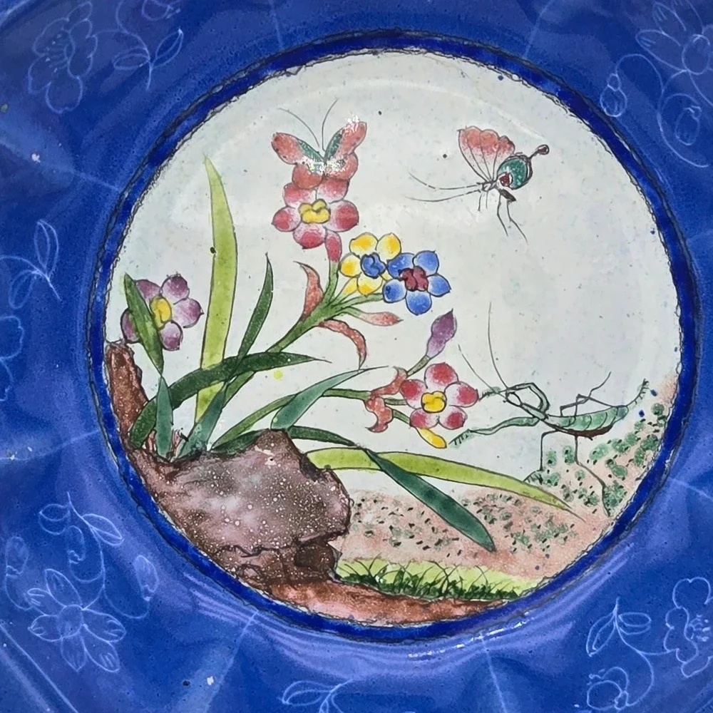Vintage Chinese Canton Enamel Butterfly Mantis Floral Trinket Bowl Hand Painted